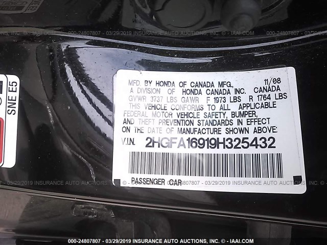 2HGFA16919H325432 - 2009 HONDA CIVIC EXL BLACK photo 9