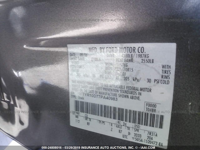 1FTYR10D77PA40983 - 2007 FORD RANGER GRAY photo 9