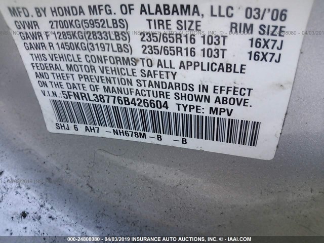 5FNRL38776B426604 - 2006 HONDA ODYSSEY EXL SILVER photo 9