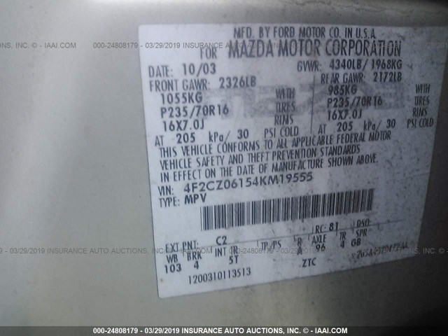 4F2CZ06154KM19555 - 2004 MAZDA TRIBUTE ES 金色 照片 9