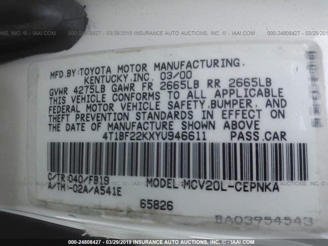 4T1BF22KXYU946611 - 2000 TOYOTA CAMRY LE/XLE WHITE photo 9