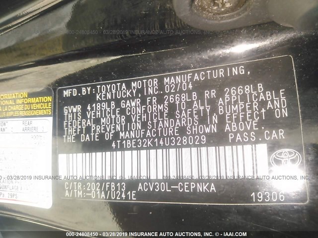 4T1BE32K14U328029 - 2004 TOYOTA CAMRY LE/XLE/SE BLACK photo 9