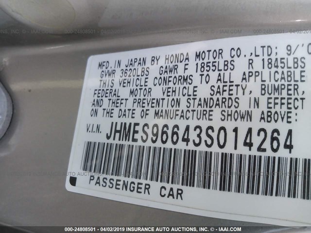 JHMES96643S014264 - 2003 HONDA CIVIC HYBRID GOLD photo 9