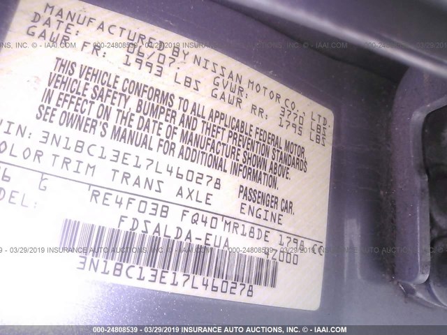 3N1BC13E17L460278 - 2007 NISSAN VERSA S/SL GRAY photo 9