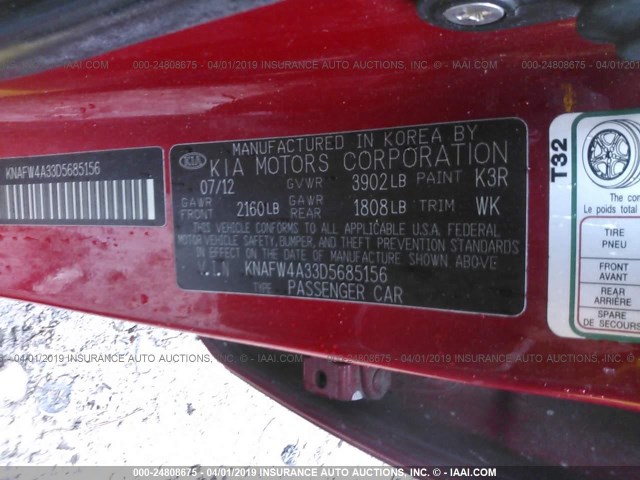 KNAFW4A33D5685156 - 2013 KIA FORTE SX RED photo 9