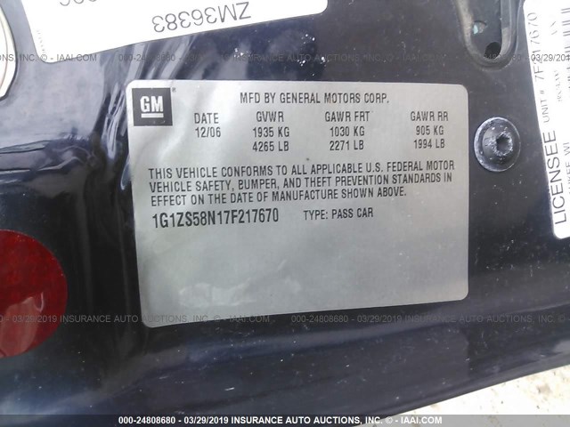 1G1ZS58N17F217670 - 2007 CHEVROLET MALIBU LS BLUE photo 9