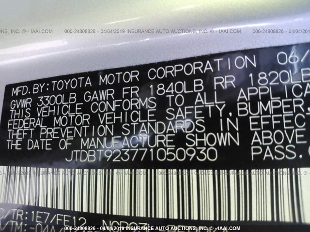 JTDBT923771050930 - 2007 TOYOTA YARIS SILVER photo 9