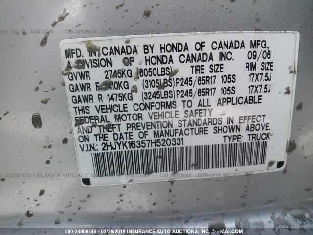 2HJYK16357H520331 - 2007 HONDA RIDGELINE RTX SILVER photo 9