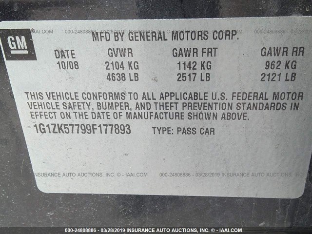 1G1ZK57799F177893 - 2009 CHEVROLET MALIBU LTZ BLACK photo 9