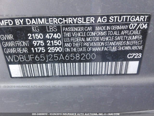 WDBUF65J25A658200 - 2005 MERCEDES-BENZ E 320 SILVER photo 9