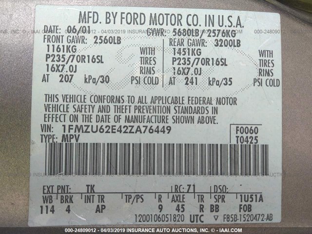 1FMZU62E42ZA76449 - 2002 FORD EXPLORER XLS TAN photo 9