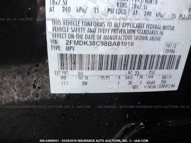 2FMDK38C98BA81016 - 2008 FORD EDGE SEL BLACK photo 9