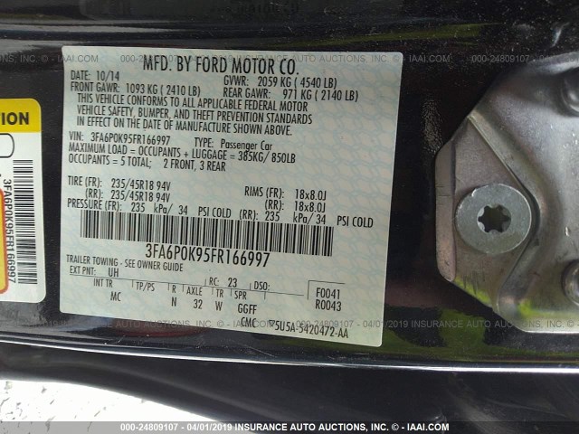 3FA6P0K95FR166997 - 2015 FORD FUSION TITANIUM BLACK photo 9