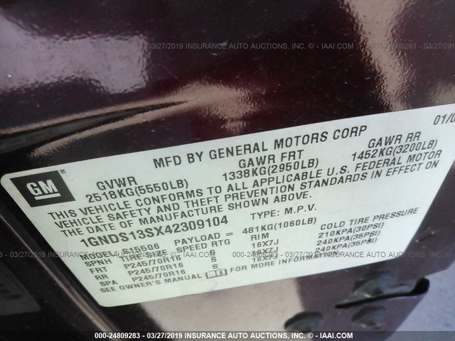 1GNDS13SX42309104 - 2004 CHEVROLET TRAILBLAZER LS/LT BURGUNDY photo 9