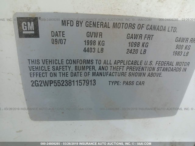 2G2WP552381157913 - 2008 PONTIAC GRAND PRIX WHITE photo 9