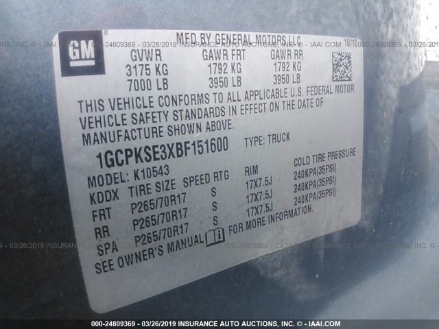 1GCPKSE3XBF151600 - 2011 CHEVROLET SILVERADO K1500 LT BLUE photo 9