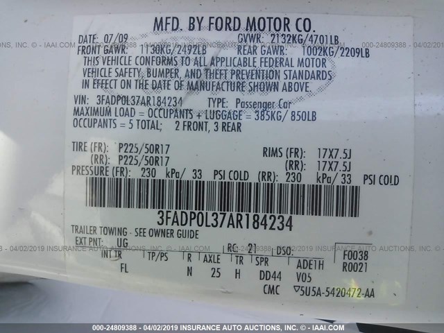 3FADP0L37AR184234 - 2010 FORD FUSION HYBRID WHITE photo 9