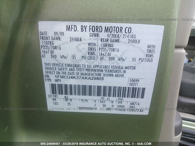 1FMCU4K37AKA29805 - 2010 FORD ESCAPE HYBRID GREEN photo 9