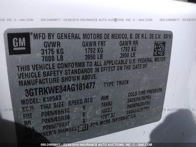 3GTRKWE34AG181477 - 2010 GMC SIERRA K1500 SLT WHITE photo 9