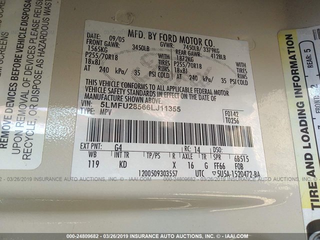 5LMFU28566LJ11355 - 2006 LINCOLN NAVIGATOR 白色 照片 9