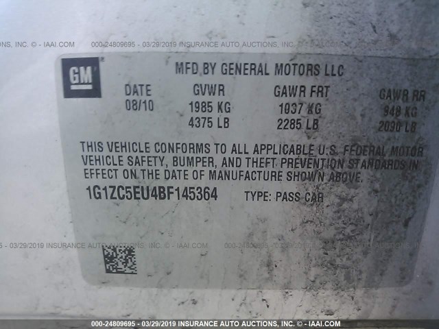 1G1ZC5EU4BF145364 - 2011 CHEVROLET MALIBU 1LT 银色 照片 9