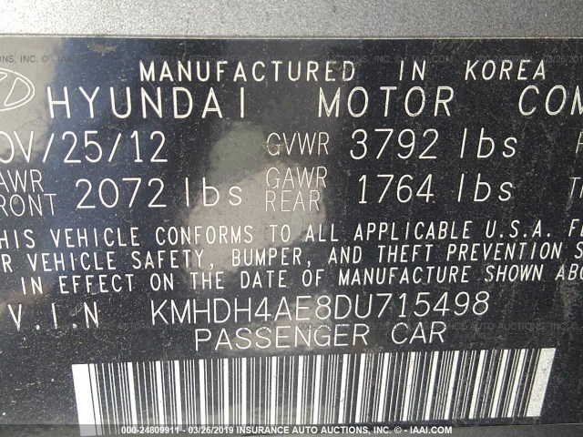 KMHDH4AE8DU715498 - 2013 HYUNDAI ELANTRA GLS/LIMITED GRAY photo 9