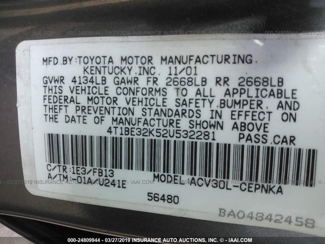 4T1BE32K52U532281 - 2002 TOYOTA CAMRY LE/XLE/SE GRAY photo 9