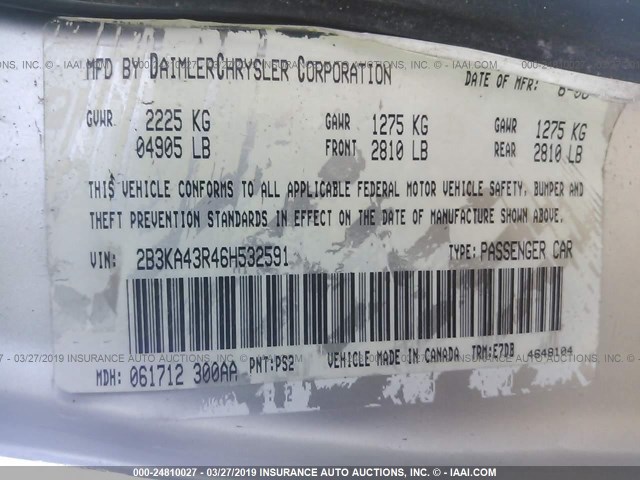 2B3KA43R46H532591 - 2006 DODGE CHARGER SE/SXT SILVER photo 9