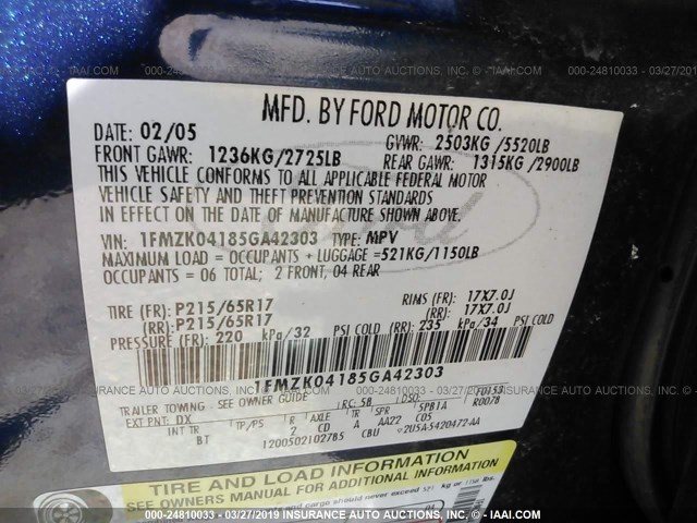 1FMZK04185GA42303 - 2005 FORD FREESTYLE SE BLUE photo 9