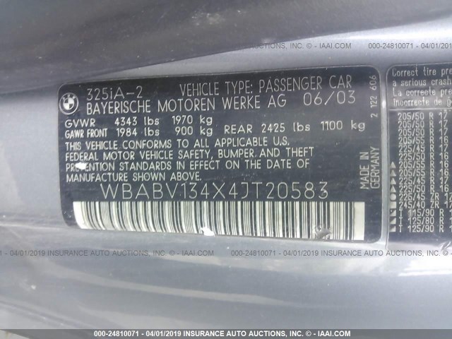 WBABV134X4JT20583 - 2004 BMW 325 CI SULEV SILVER photo 9