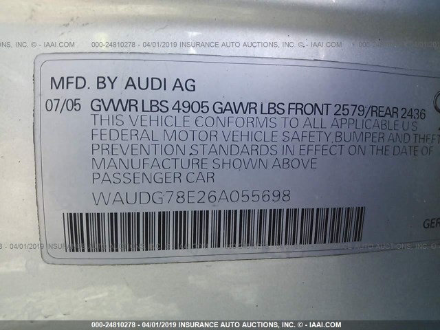 WAUDG78E26A055698 - 2006 AUDI A4 3.2 QUATTRO SILVER photo 9