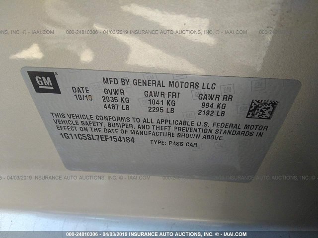 1G11C5SL7EF154184 - 2014 CHEVROLET MALIBU 1LT 金色 照片 9