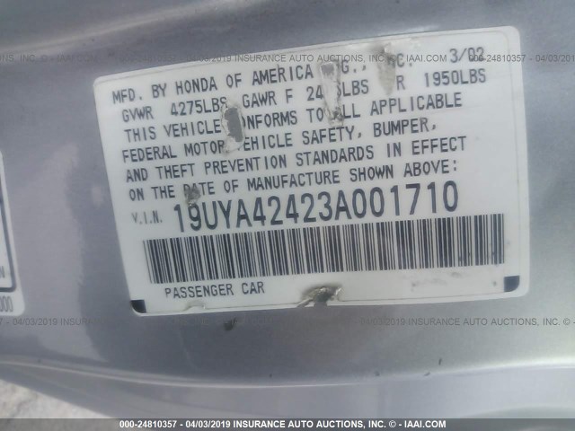 19UYA42423A001710 - 2003 ACURA 3.2CL SILVER photo 9