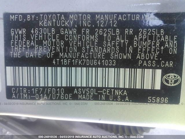 4T1BF1FK7DU641033 - 2013 TOYOTA CAMRY L/SE/LE/XLE 银色 照片 9