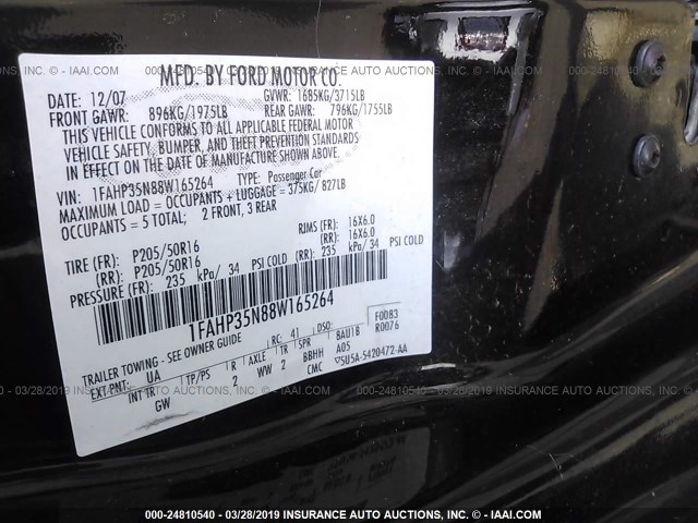 1FAHP35N88W165264 - 2008 FORD FOCUS SE/SEL/SES BLACK photo 9