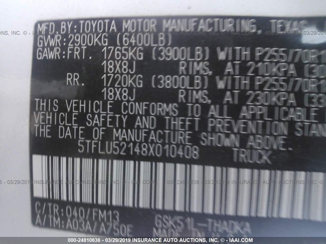 5TFLU52148X010408 - 2008 TOYOTA TUNDRA WHITE photo 9