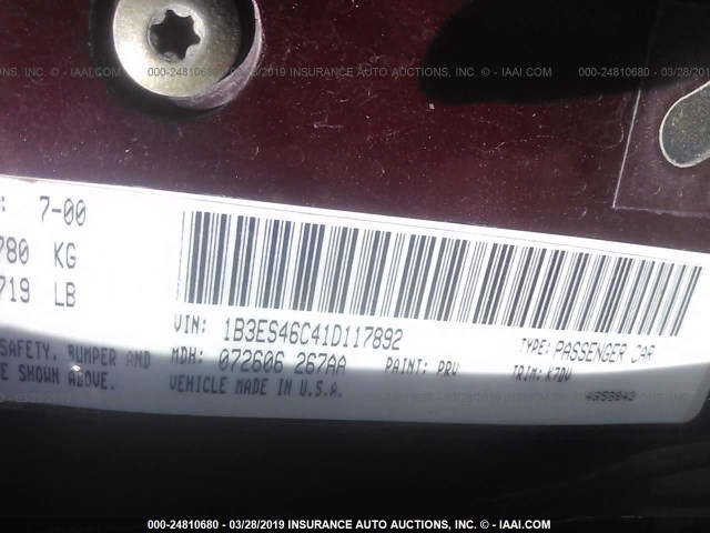 1B3ES46C41D117892 - 2001 DODGE NEON SE/ES MAROON photo 9