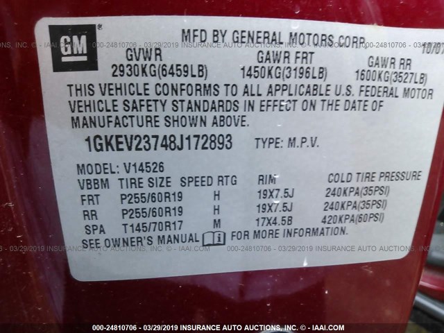 1GKEV23748J172893 - 2008 GMC ACADIA SLT-1 RED photo 9