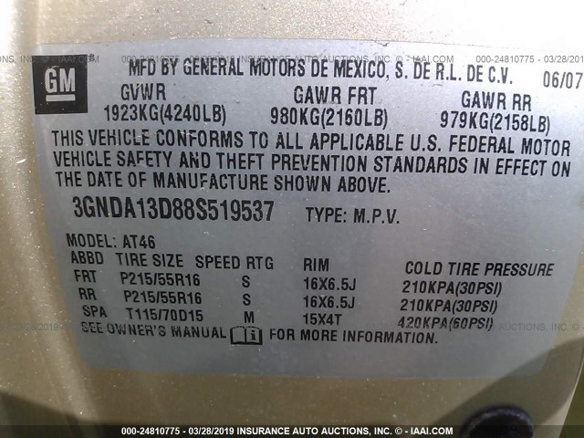 3GNDA13D88S519537 - 2008 CHEVROLET HHR LS Dorado foto 9