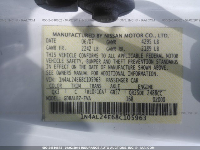 1N4AL24E68C105963 - 2008 NISSAN ALTIMA 2.5S WHITE photo 9