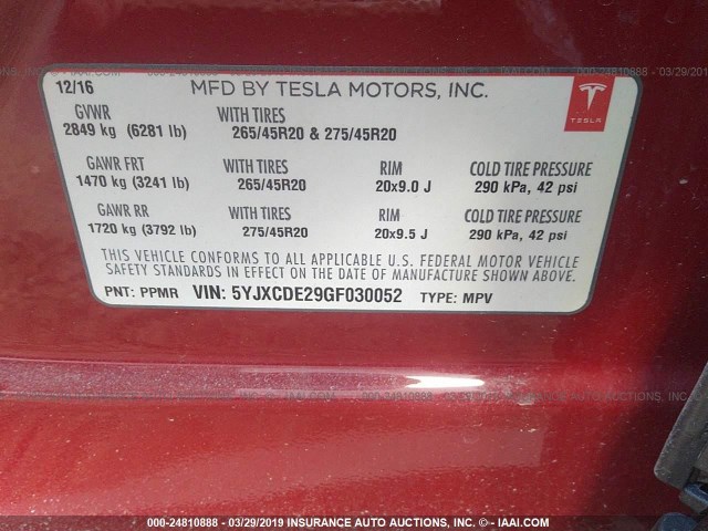 5YJXCDE29GF030052 - 2016 TESLA MODEL X RED photo 9