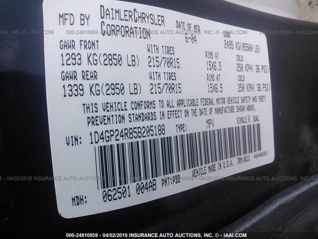 1D4GP24R85B205188 - 2005 DODGE GRAND CARAVAN SE BLUE photo 9