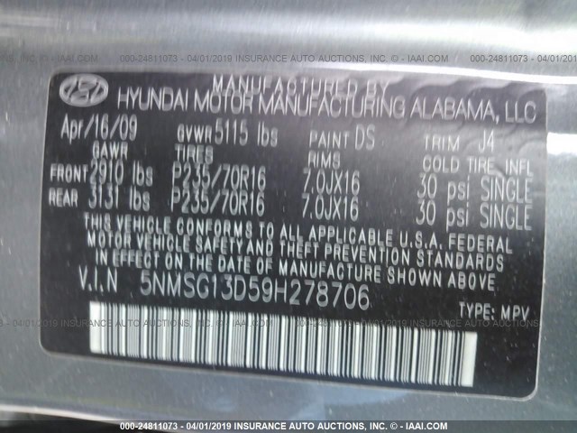 5NMSG13D59H278706 - 2009 HYUNDAI SANTA FE GLS GRAY photo 9