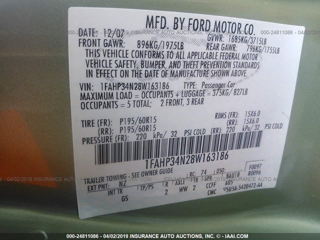 1FAHP34N28W163186 - 2008 FORD FOCUS S/SE GREEN photo 9