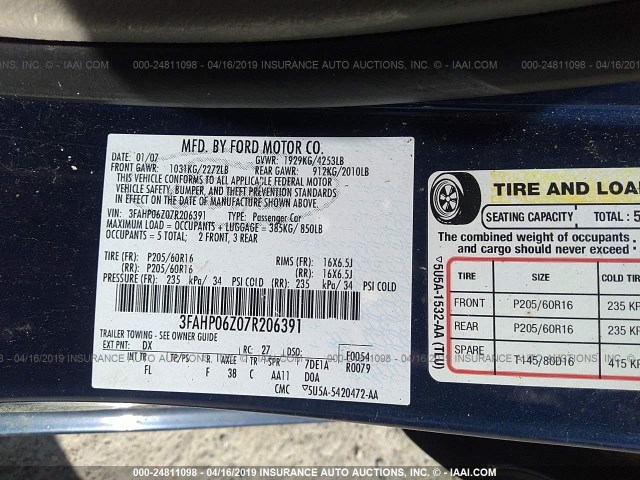 3FAHP06Z07R206391 - 2007 FORD FUSION S BLUE photo 9