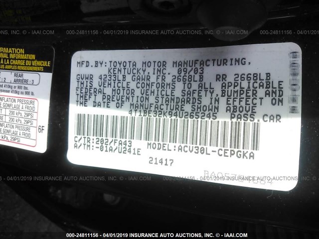 4T1BE32K94U265245 - 2004 TOYOTA CAMRY LE/XLE/SE BLACK photo 9