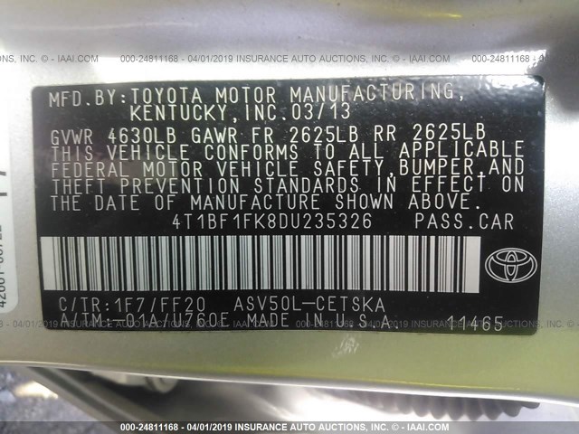 4T1BF1FK8DU235326 - 2013 TOYOTA CAMRY L/SE/LE/XLE 银色 照片 9