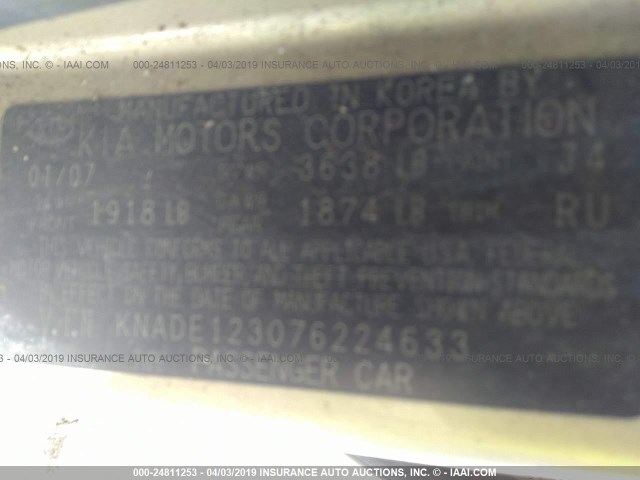 KNADE123076224633 - 2007 KIA RIO LX/SX GOLD photo 9