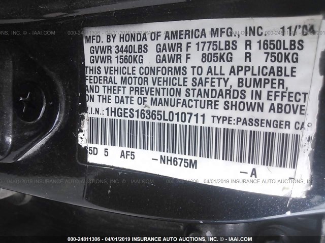 1HGES16365L010711 - 2005 HONDA CIVIC DX VP BLACK photo 9