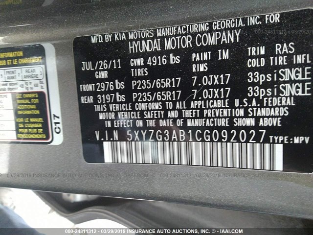 5XYZG3AB1CG092027 - 2012 HYUNDAI SANTA FE GLS GRAY photo 9